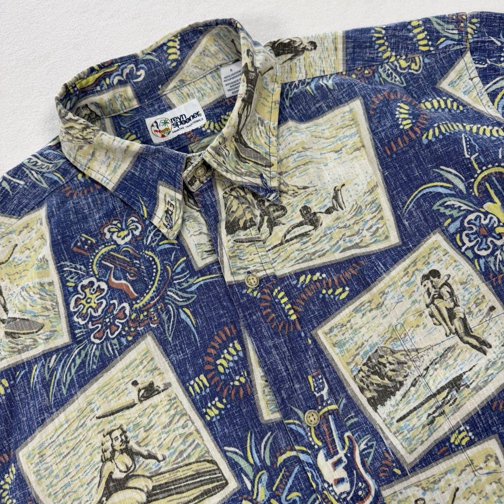 Reyn‎ Spooner Shirt Mens Large Blue Surfer Short Sleeve Button Up Hawaiian Surf